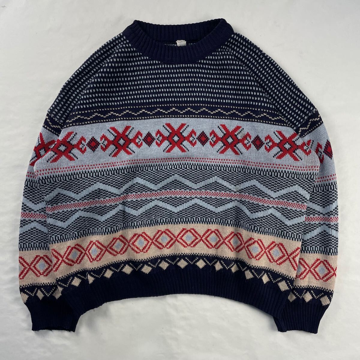 Euro Vintage Unknown 好配色 バーズアイ オルテガ ネイティブ エスニック 民族 幾何学模様 アート ボーダー 総柄 デザインニット拍卖