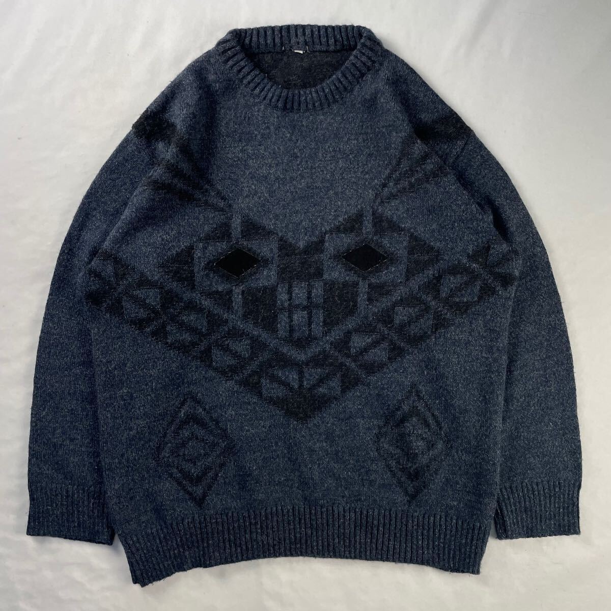 Euro Vintage Unknown くすみカラー スエードレザーパッチ 立体 3D 幾何学模様 アート エスニック 民族 メランジ デザインニット拍卖