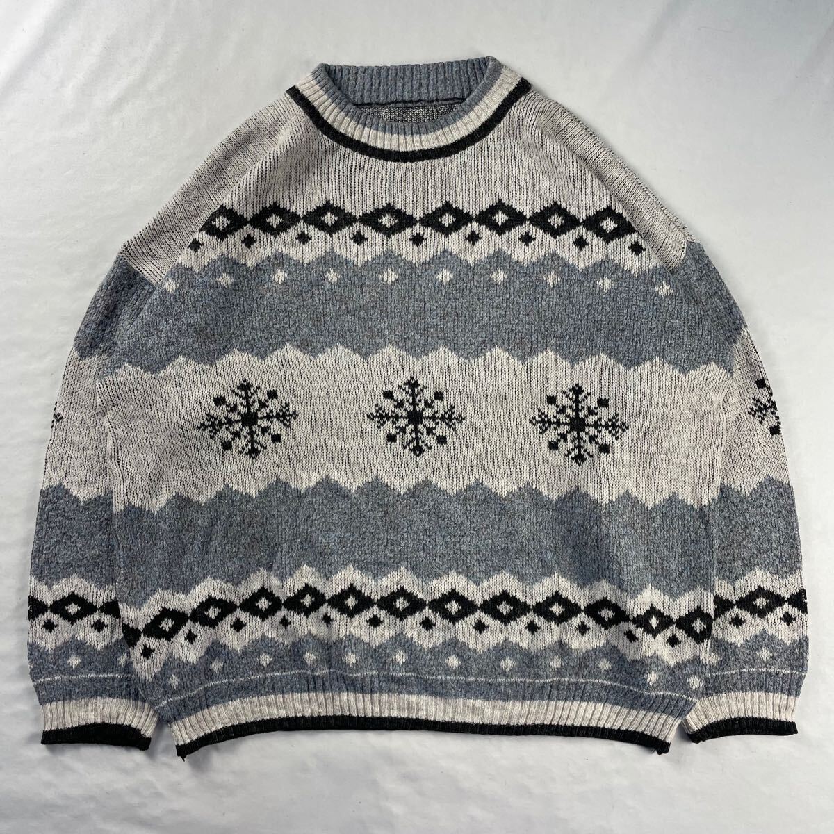 US Vintage 90s Unknown 好配色 くすみカラー ノルディック スノーフレーク エスニック 民族 幾何学模様 ボーダー 総柄 デザインニット拍卖