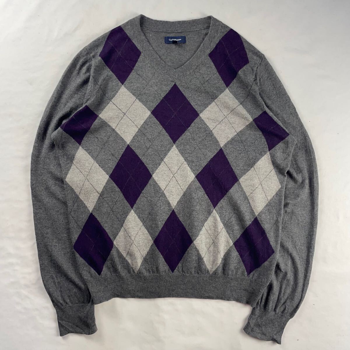 US Vintage Croft&Barrow コットン レーヨン ナイロン Vネック レーヨン混 アーガイルチェック ダイヤ クラシカル 薄手 デザインニット拍卖