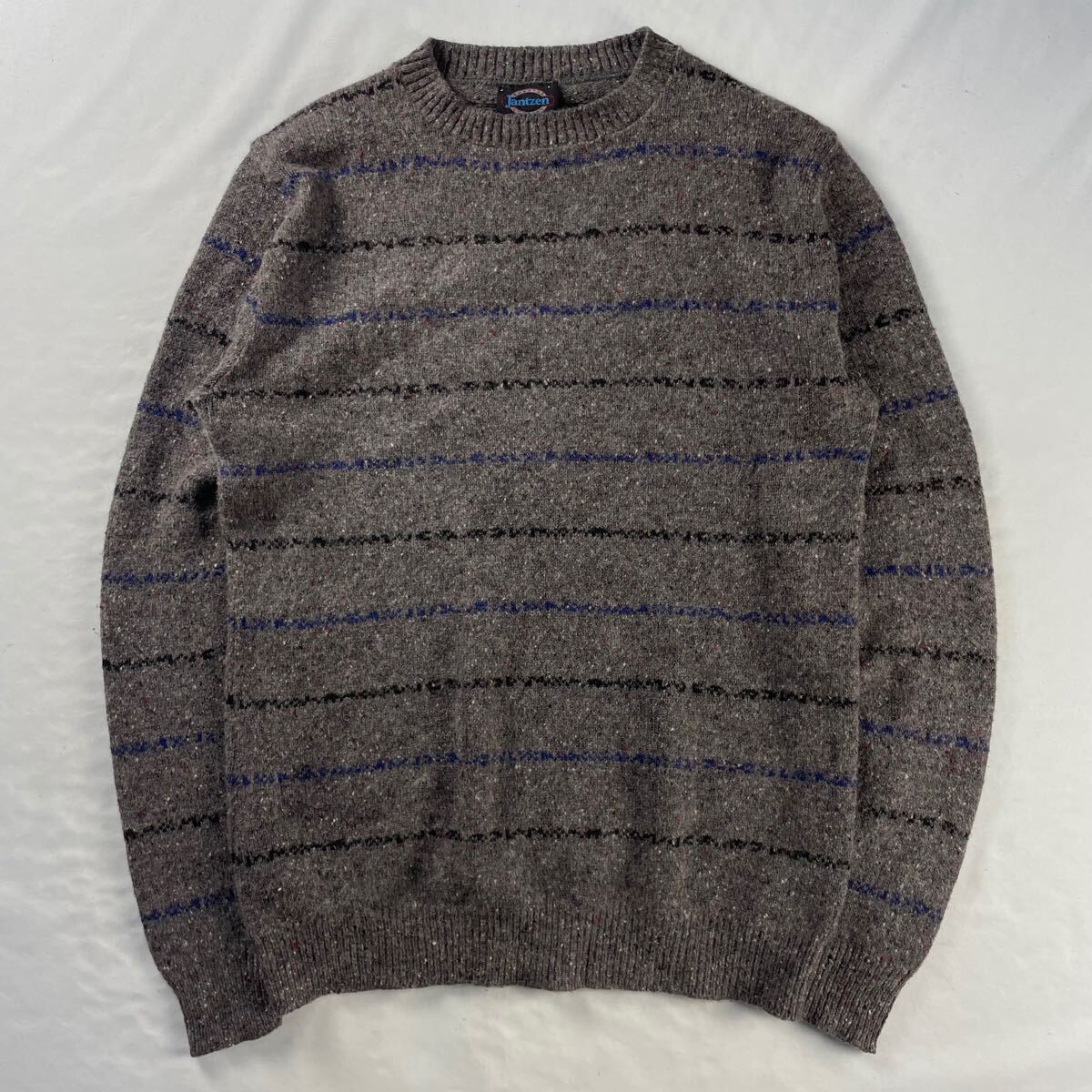US Vintage アメリカ製 80s JANTZEN ウール70% オーロンアクリル30% くすみカラー 幾何学模様 ボーダー ネップ 総柄 デザインニット拍卖