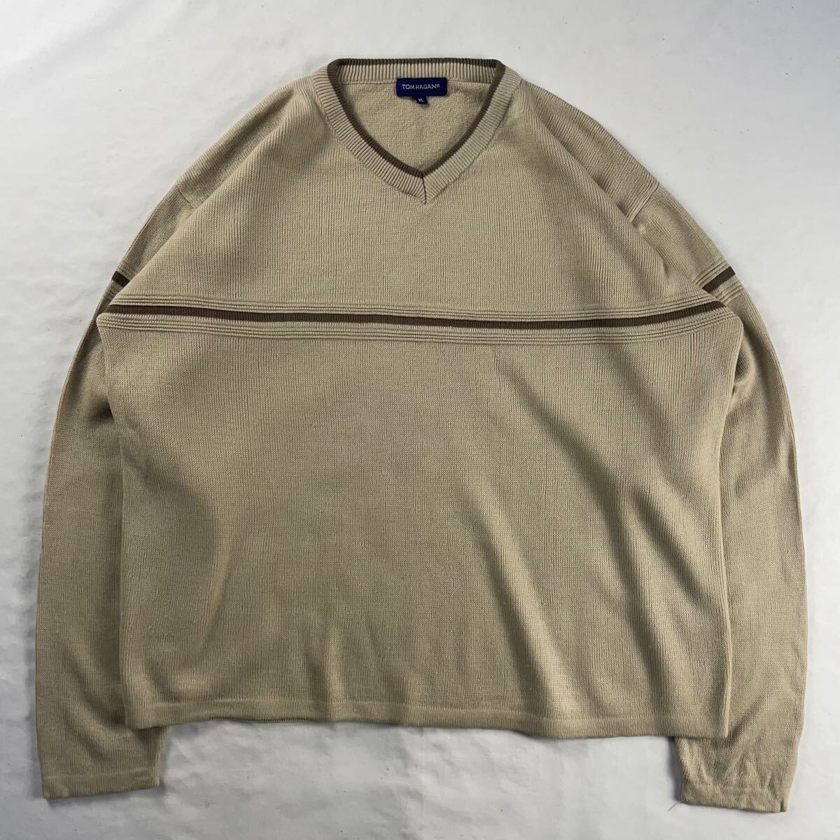 Euro Vintage TOM HAGAN アクリル100% Vネック ハイゲージ くすみカラー 立体 3D ボーダー デザインニット カットソー拍卖