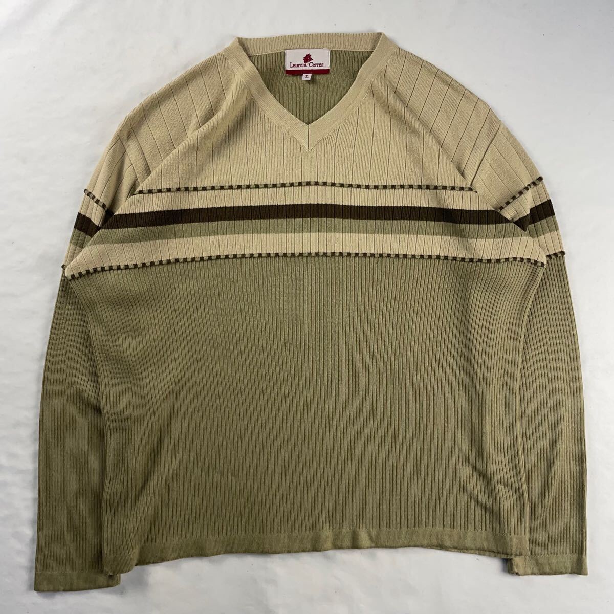 Euro Vintage 90s Laurent Cerrer Vネック くすみカラー 立体 3D 切り替えデザイン ボーダー 薄手 デザインニット カットソー拍卖