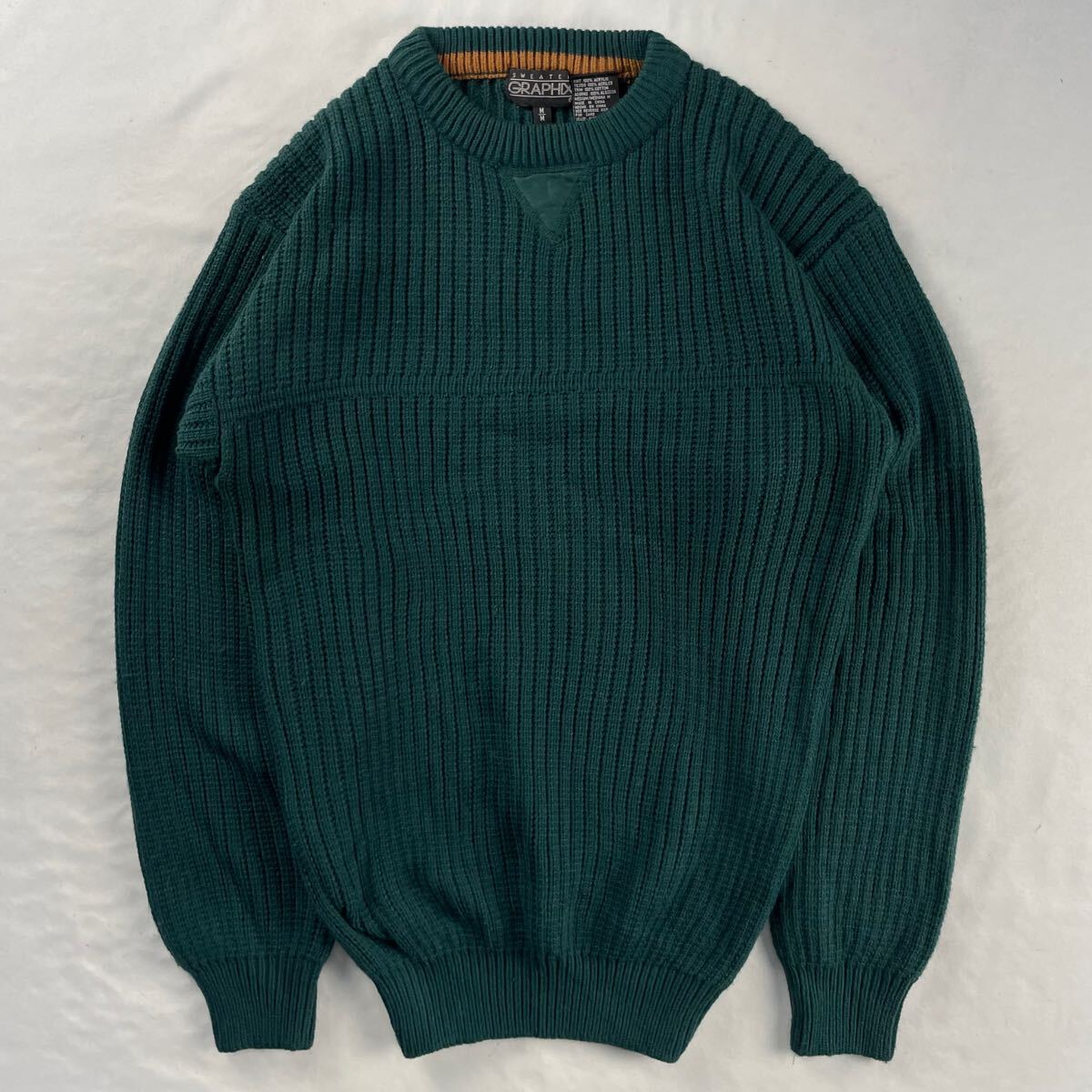 US Vintage 90s SWEATER GRAPHIX アクリル100% ローゲージ リブ編み 立体 単色 プレーン グリーン 緑 デザインニット拍卖