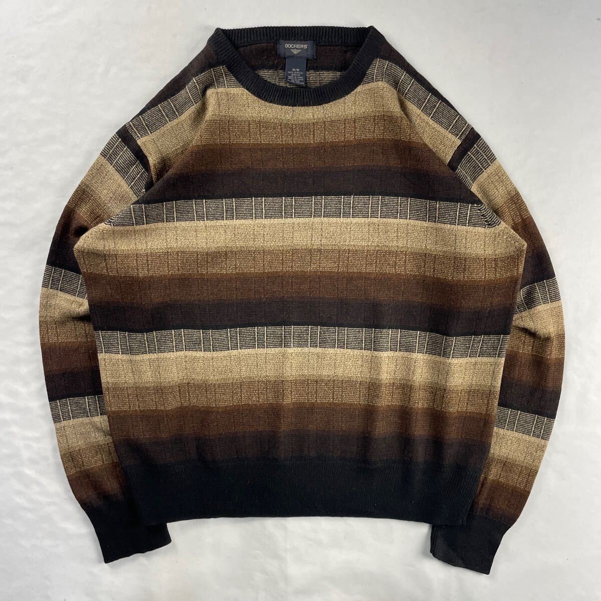 US Vintage 90s DOCKERS アクリル100% 薄手 くすみカラー グラデーション 立体 3D ボーダー 総柄 デザインニット拍卖