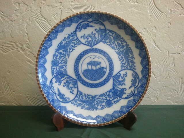 ☆☆【美術 陶磁器・インテリア】草花 鳳凰文 大皿 染付皿/三つ窓 時代物 古民具 和食器/明治~大正時代頃 いげ皿 飾り皿 拍卖