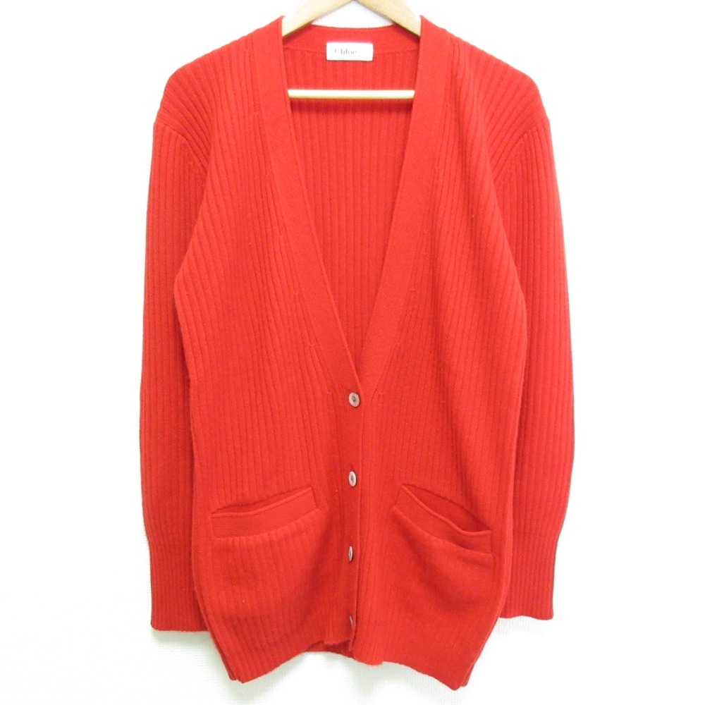 美品 Chloe クロエ ヴィンテージ カシミヤ リブニット カーディガン サイズ40 レッド拍卖