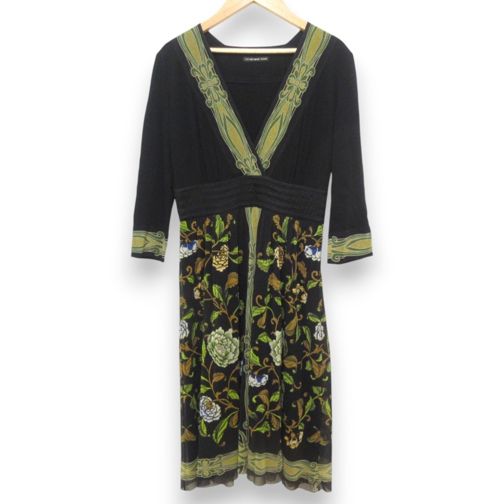 良品 VIVIENNE TAM ヴィヴィアンタム フラワープリント カシュクール パワーネット 長袖 ミモレ丈ワンピース ブラック グリーン系拍卖