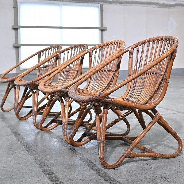 希少 山川ラタン 籐椅子4点セット 山川七郎 チェア スツール シングルソファ 一人掛け ビンテージ_ヤマカワ YMK 長岡 渡辺力 譲 剣持勇拍卖
