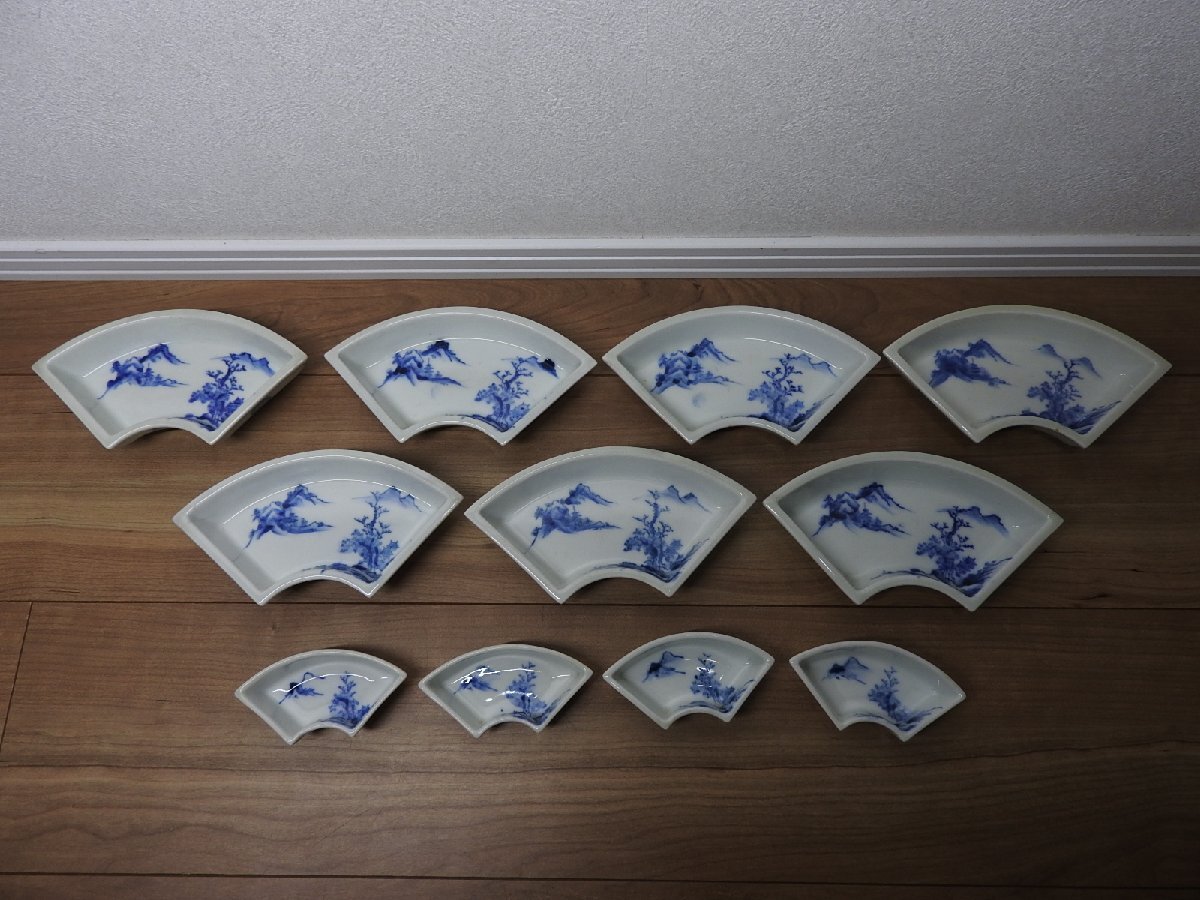 ★☆茶道具 食器 レトロ 扇型 皿 平皿 福 風景画 大 7枚 小 4枚 まとめ 11点☆★拍卖