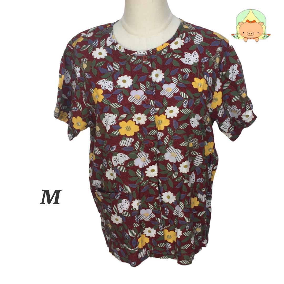 CA0155  レトロ 花柄 ラウンドネック ポケットつき パッチワーク風 半袖 カットソー 【M】拍卖