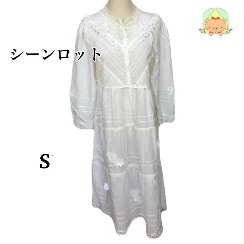 CA0416  シーンロット 花柄 花柄刺繍 シースルー 透け感 首元レース 7分丈Tシャツ 【S】拍卖