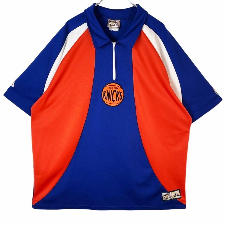 HardwoodCLASSICマジェスティックMAJESTICニューヨーク・ニックスNBAハーフジップシューティングシャツ半袖シャツ青ブルー白ホワイト40711拍卖