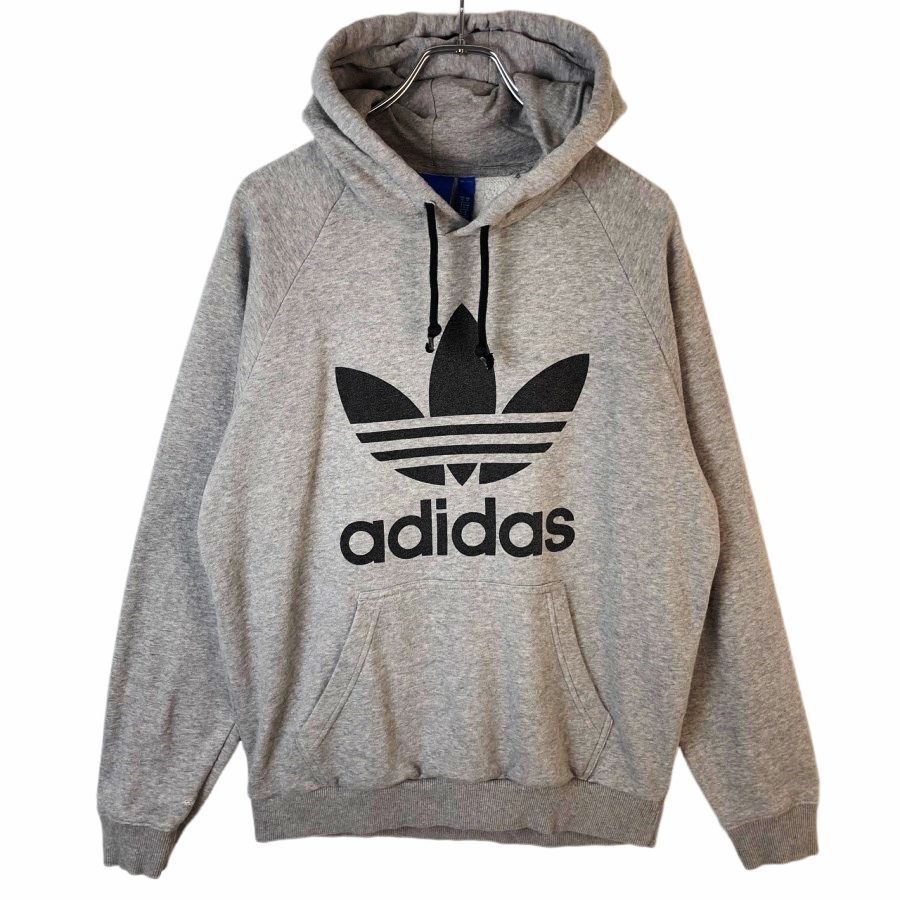 アディダスオリジナルスAdidasoriginalsラグランパーカーフーディ杢グレー灰色ブラック黒デカロゴプリントトレフォイルロゴ40710拍卖
