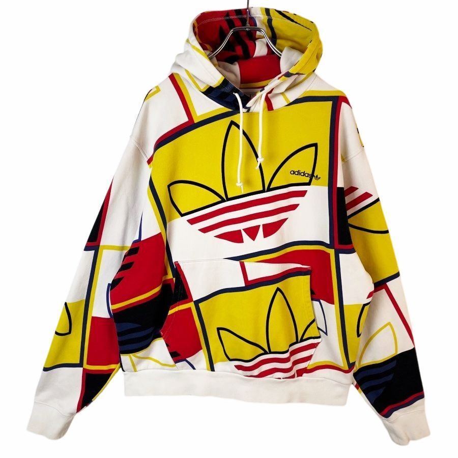 アディダスオリジナルスAdidasoriginalsプルオーバーパーカーフーディ総柄レフォイルロゴ好配色デザイン白ホワイト赤レッド黄色40710拍卖