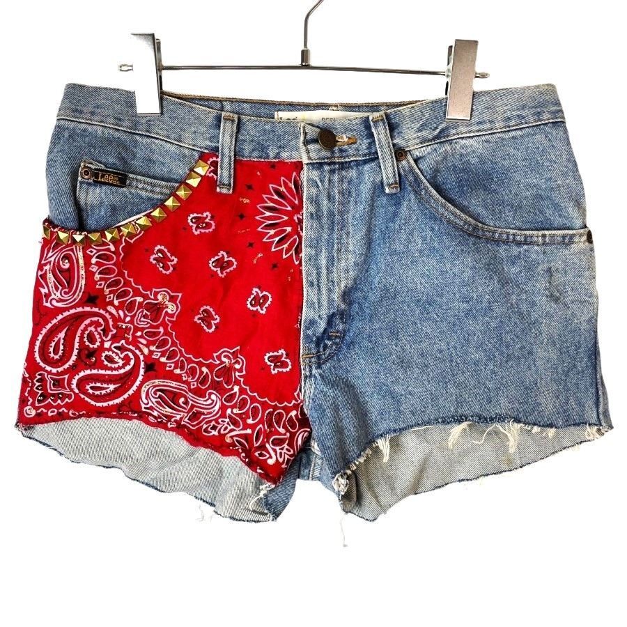 70s~リーLeeリメイクデニムショーツハーフパンツショートパンツ切りっぱなしカットオフバンダナ柄ペイズリー柄スタッズ水色40816拍卖