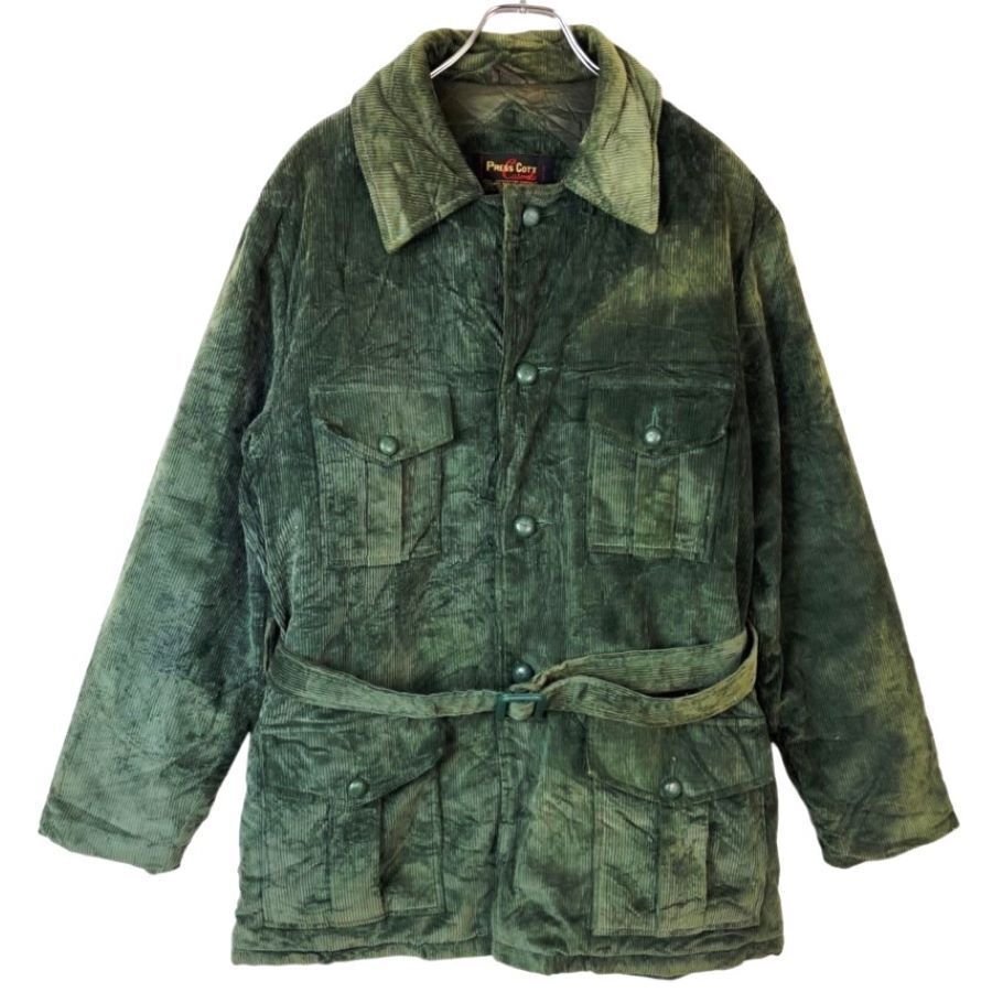 Press Cottロング丈コーデュロイジャケットコート緑モスグリーン裏地レーヨンウエストベルトvintageヴィンテージ40813拍卖