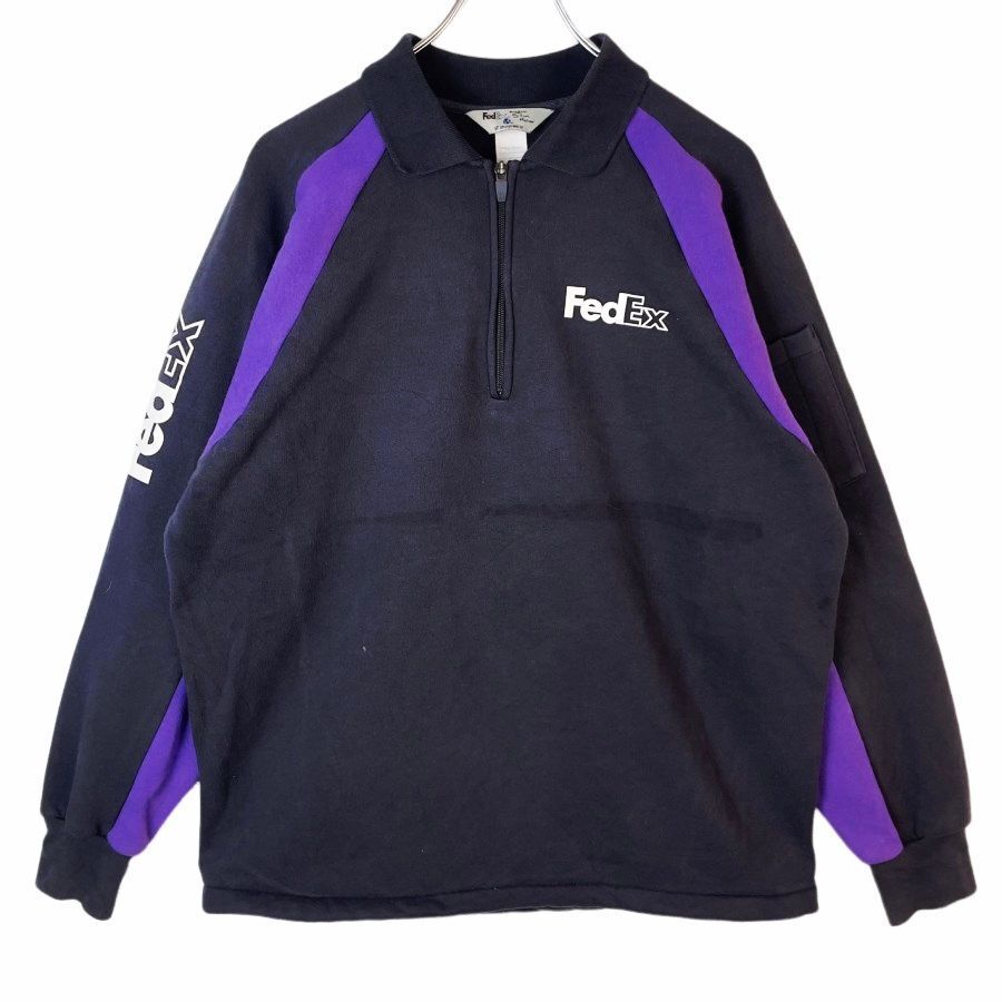 フェデックスFedex襟付きハーフジップスウェットトレーナー企業ロゴプリントワンポイント袖プリント黒ブラック紫パープル白ホワイト40919拍卖