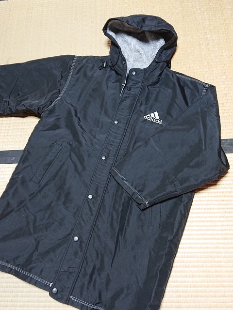 adidas アディダス L 黒 ブラック 裏起毛 ナイロン ロングジャケット ロングコート ベンチコート フード付き 防寒 上着拍卖