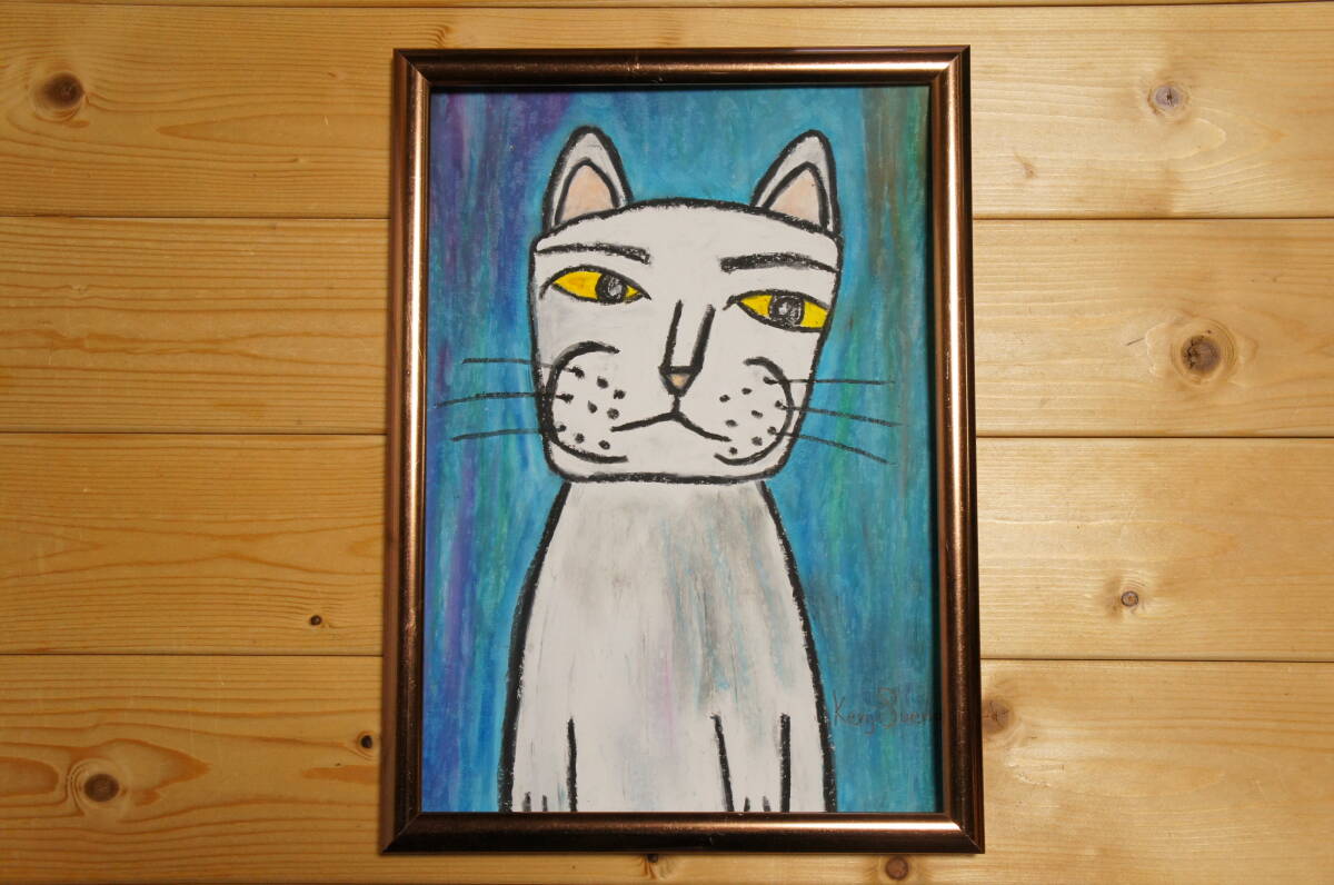 【ねこ】手描き 肉筆 クレヨン画 絵画 A4サイズ 750,Crayon painting, oil pastel painting, original art,白猫,猫,ネコ拍卖