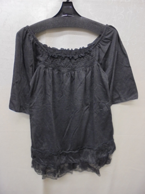 【KCM】autar-30-M★未使用品★レディース 半袖 カットソー チュニック 裾レース オフショルダー グレー系 サイズ M拍卖