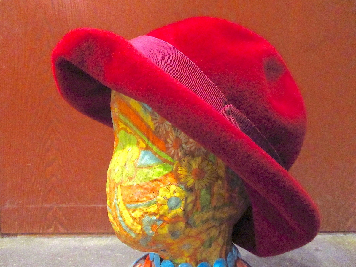 ビンテージ50’s60's●レディースフェドラハット赤●241125z6-w-ht-fltフェルトハット帽子ソフト帽中折れ帽レッド拍卖