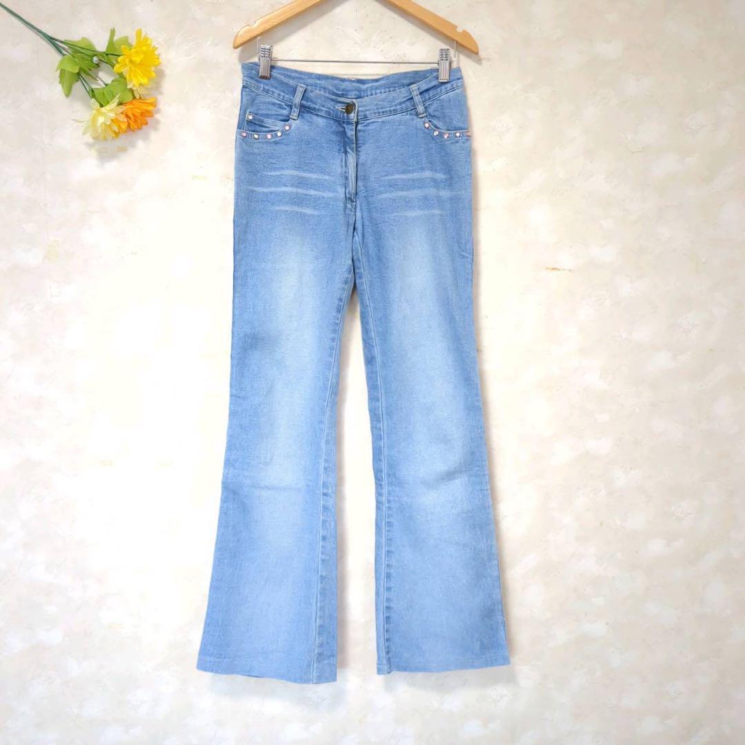 【S】ストーン付きデニム キラキラ ビジュー フレア 薄手 薄色 平成感拍卖