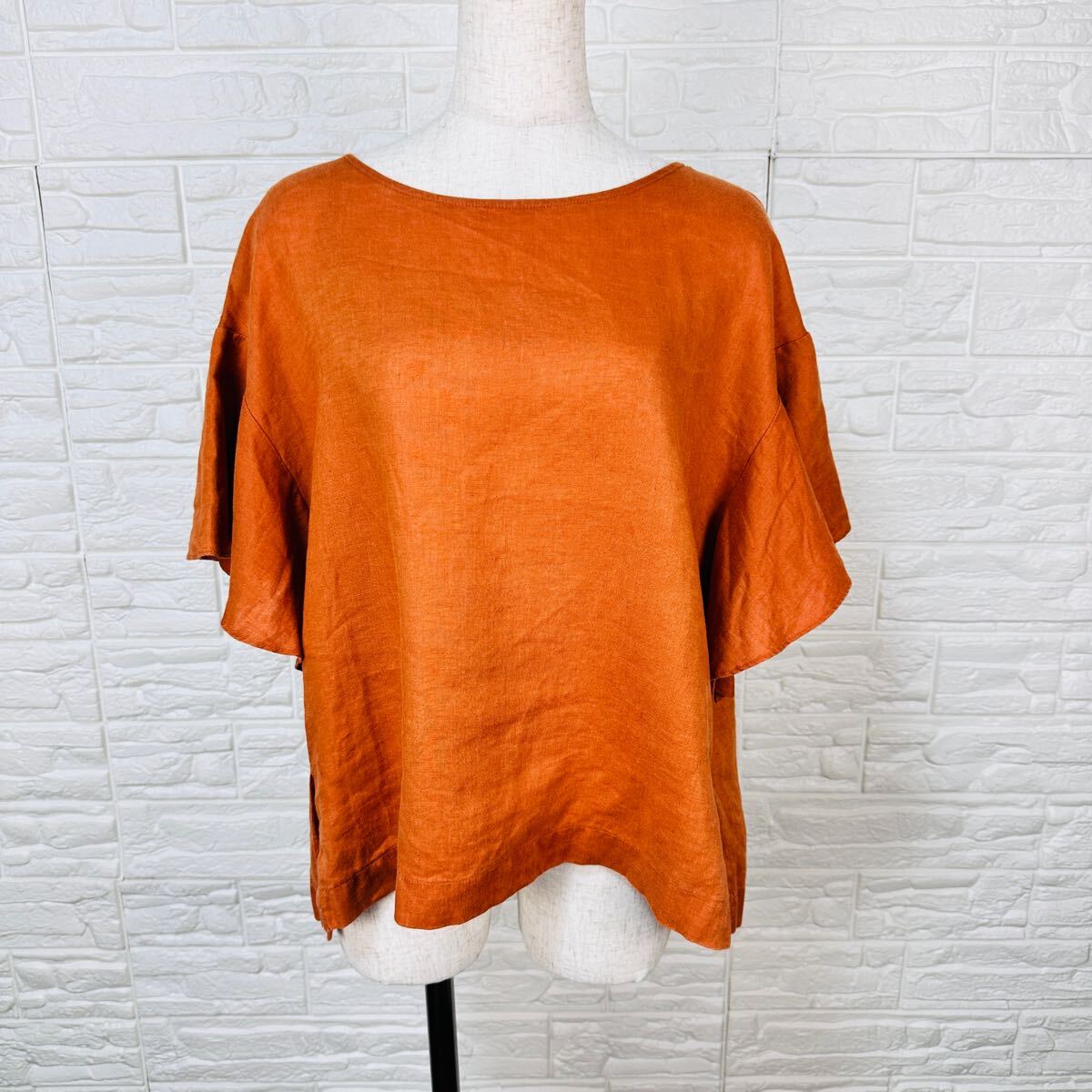 【1537】 french linen フレンチリネンサイズF オレンジ 五分 トップス 半袖 ブラウス、レディース 麻100%拍卖