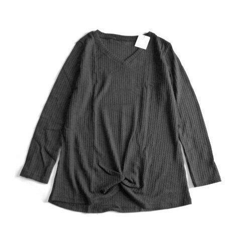 新品 長袖 ニット ニットソー 黒 M 9号 Vネック 裾絞り ロング丈 裾結び 無地 レディース セーター拍卖