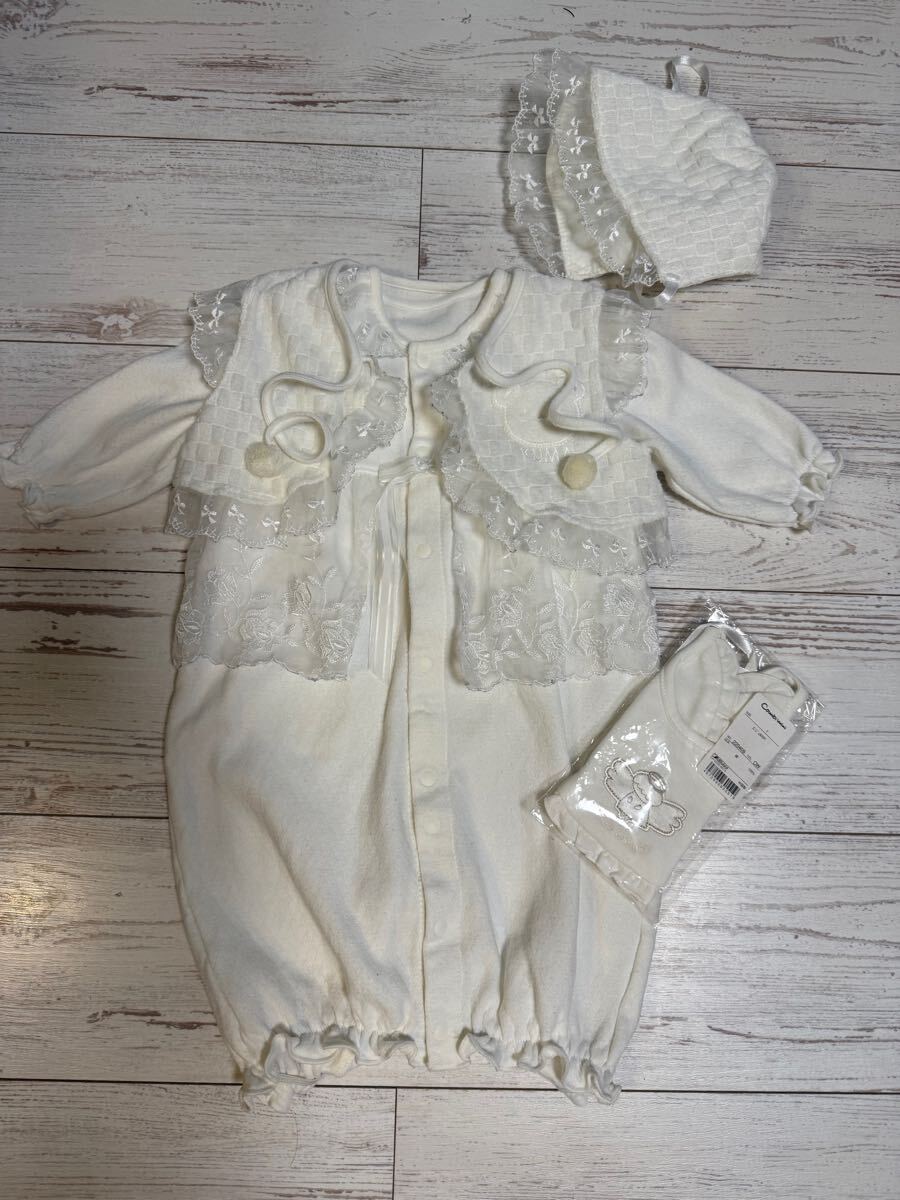 ベビードレス3点セット おまけスタイベビードレス 50〜70くまちゃんパッチレース付き2wayカバーオール ベスト 帽子3点セットは日本製拍卖