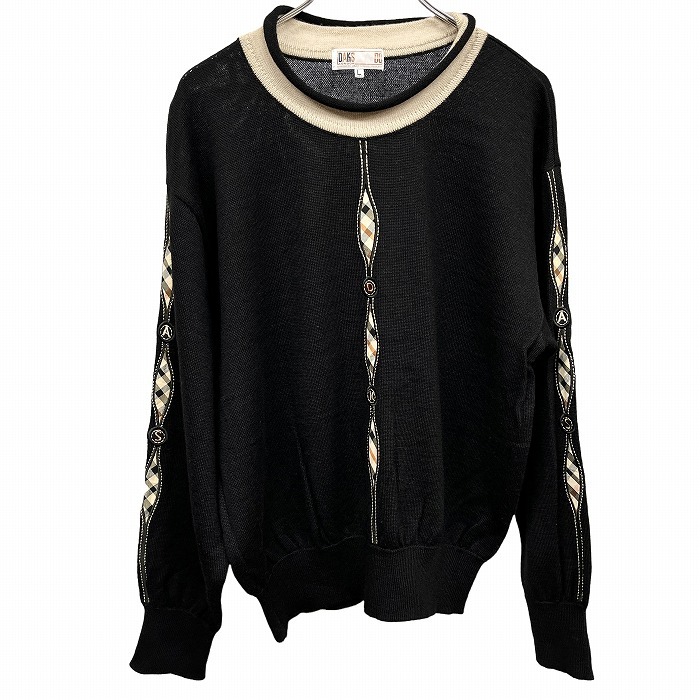 ダックス ゴルフ DAKS GOLF セーター ウールカットソー 一部チェック柄 長袖 ロゴ刺繍 日本製 毛100% L ブラック 黒×茶 レディース拍卖