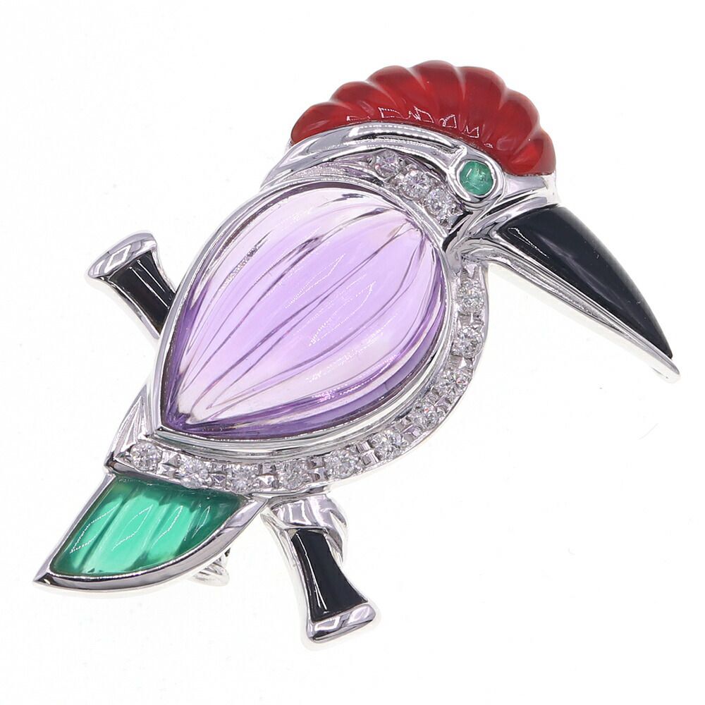 ダイヤモンド カラーストーン ブローチ バードモチーフ D0.18ct CollarStone K14WG 中古 トリ 鳥拍卖