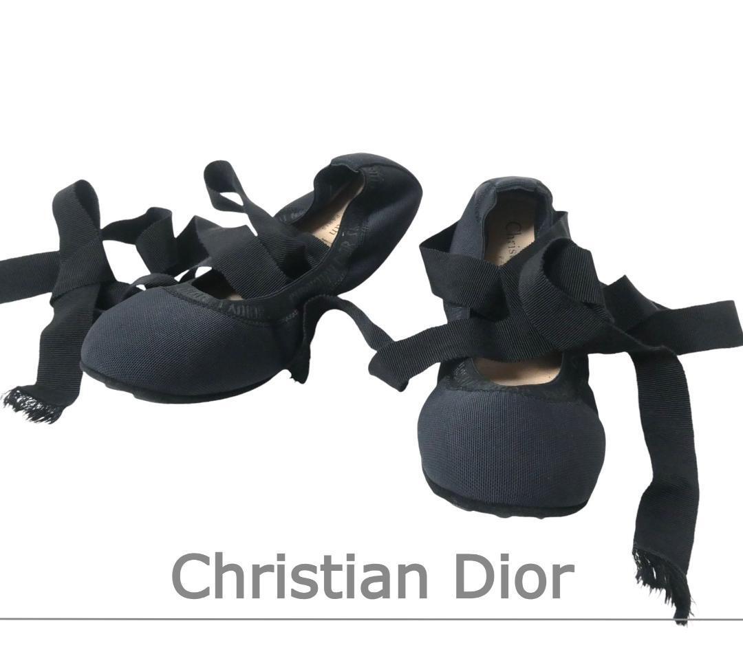 極美品 Christian Dior クリスチャンディオール 36.5 約23.5㎝ 19SS ロゴ リボン ラウンドトゥ バレエシューズ フラットシューズ 黒拍卖