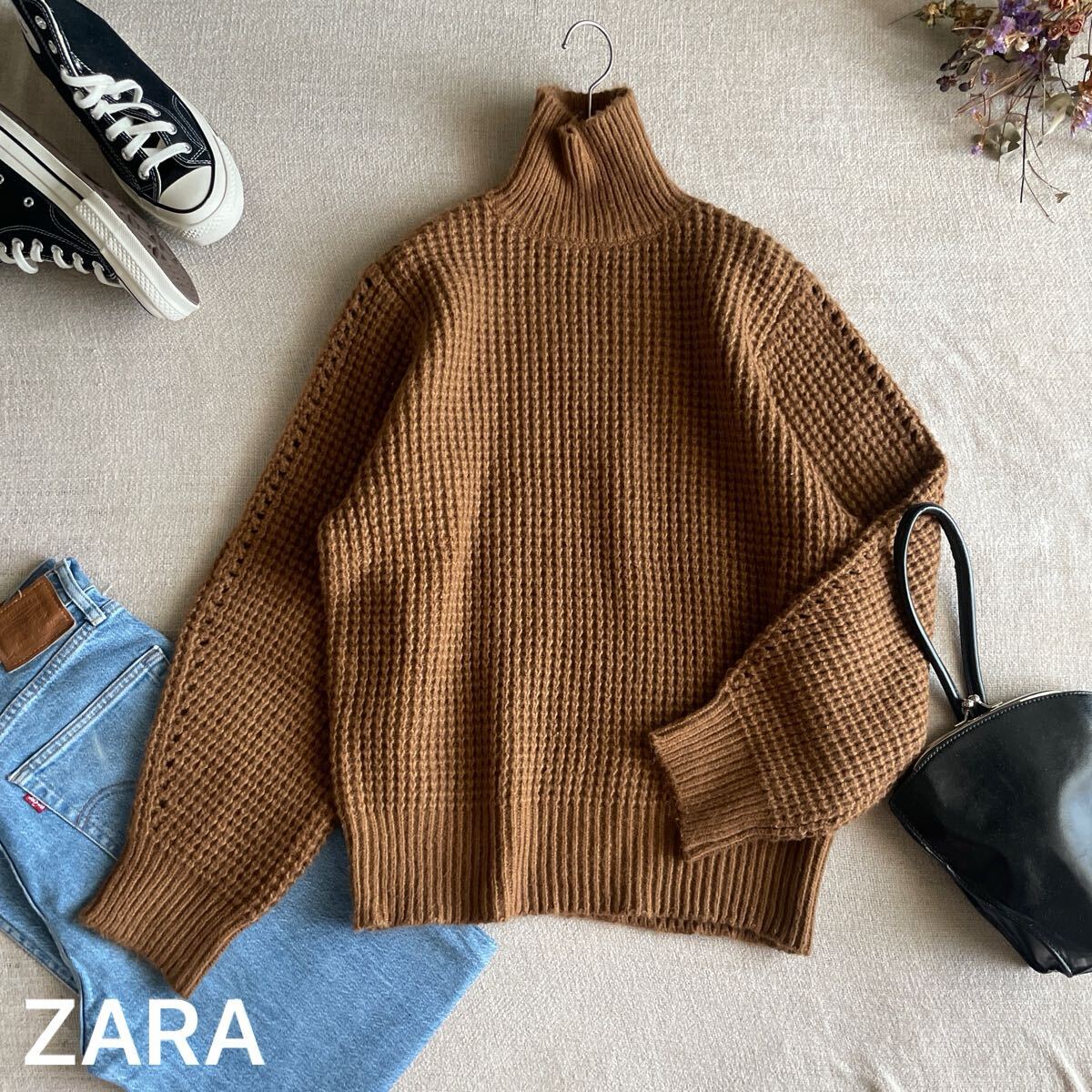 ZARA ニット セーター  タートルネック  ウール ブラウン レディースMサイズ 美品 ざっくりニット ザラ  トップス  長袖 拍卖