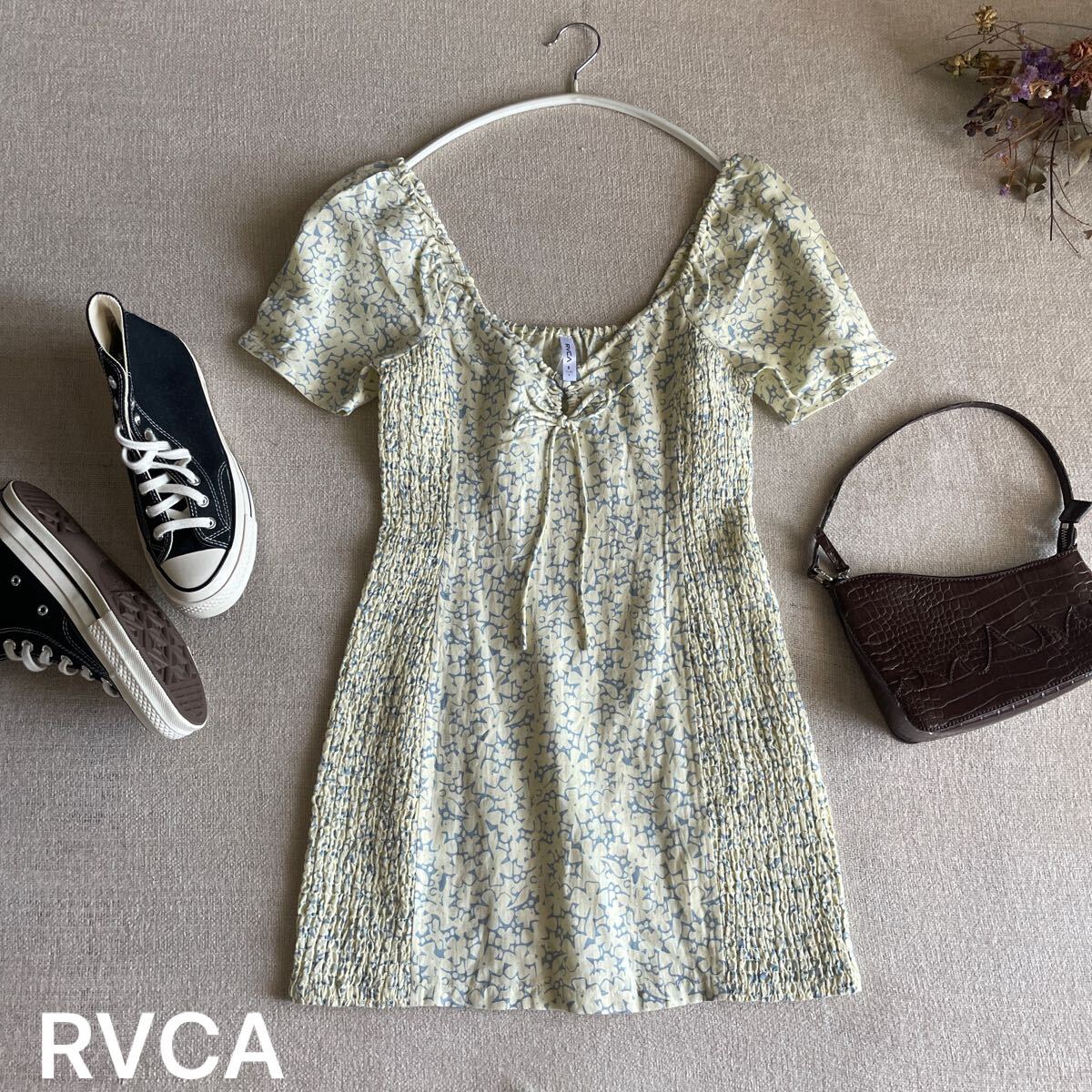 RVCA ワンピース ミニスカート ドレス レディースSサイズ 未使用 美品 花柄 パフスリーブ ギャザー ルーカ ルカ ロゴ 半袖拍卖