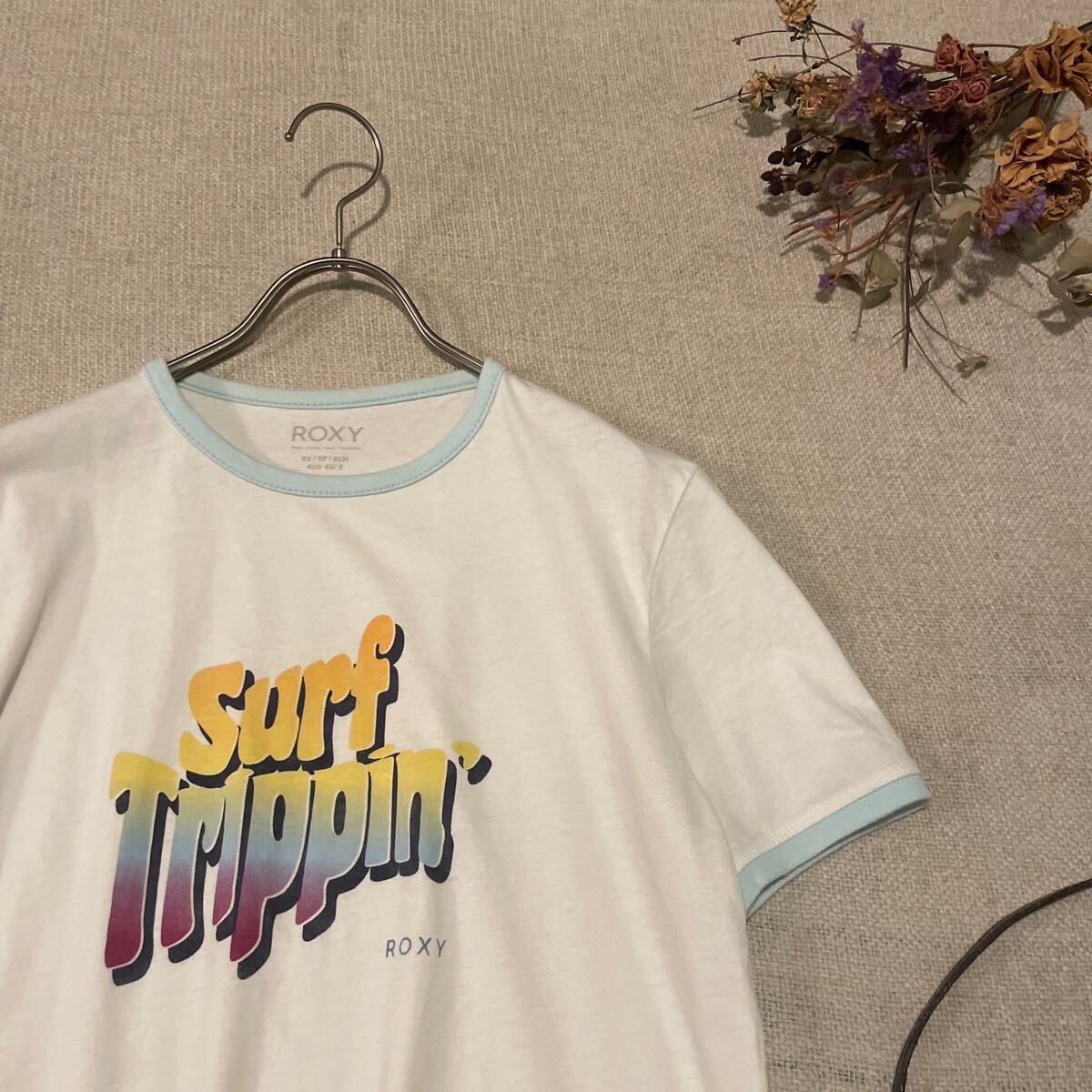 ROXY Tシャツ リンガーT チビT 半袖  白 トップス ロキシー レディースXSサイズ 美品 ロゴ レトロ サーフ拍卖