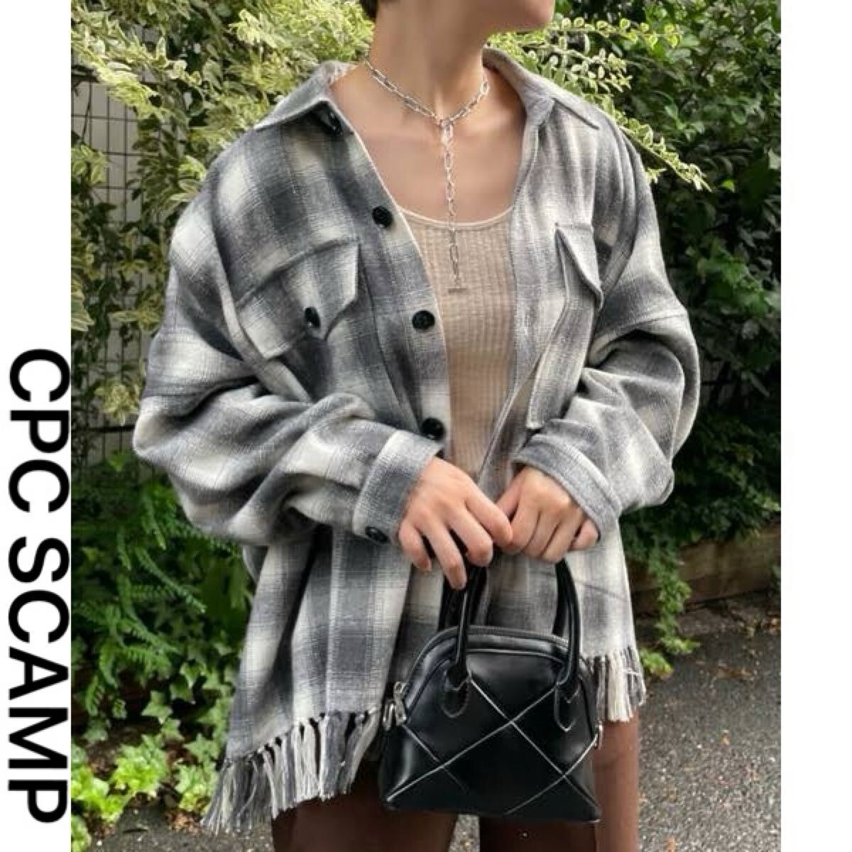 チャオパニック オンブレチェックフリンジジャケット ネルシャツ アウター ユニセックス フリーサイズ 美品 グレー CIAOPANIC 長袖拍卖