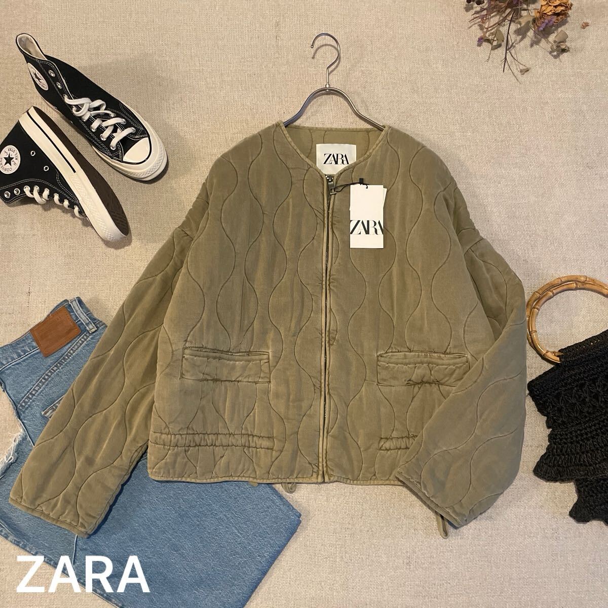 ZARA キルティングジャケット レディースSサイズ 未使用 美品 ザラ コート ブルゾン ノーカラー コットン カーキ 長袖 トップス拍卖