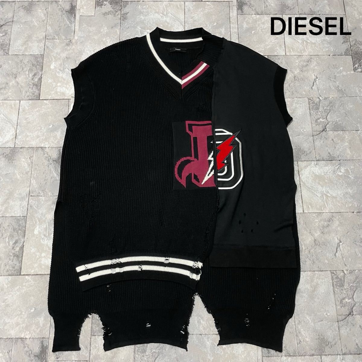 DIESEL ディーゼル ニット セーター ベスト トップス ダメージ加工 ユニセックス 異素材コンビ 半袖 ロングニット 定価3万程 玉SS2633拍卖