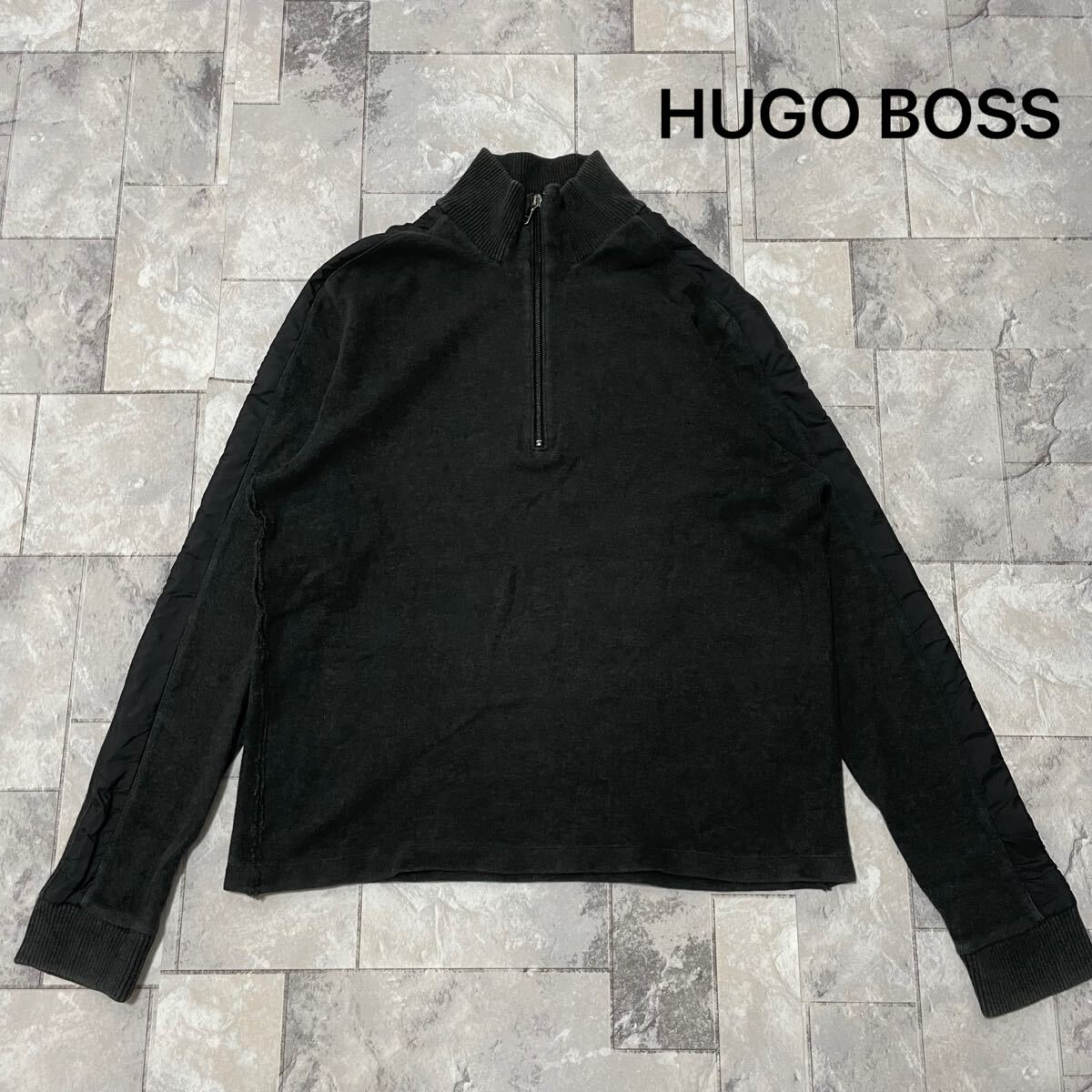 HUGO BOSS ヒューゴボス ハーフジップ sweat スウェット ハイネック 袖ナイロンライン 無地 ダークグレー サイズM 玉FL3810拍卖