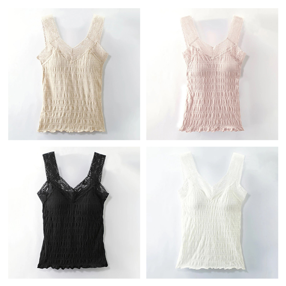 ☆ 4p ☆ Mサイズ ☆ カップ付シャーリングキャミ4色組 カップ付きキャミソール レース 4枚セット カップ付シャーリングキャミ2色組拍卖