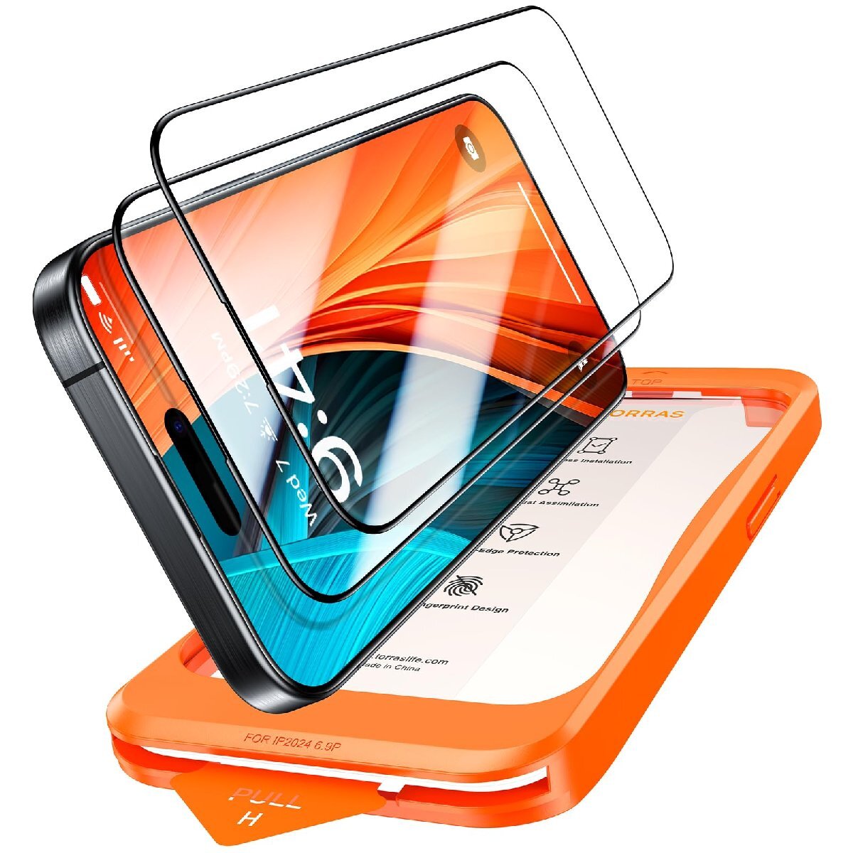 TORRAS iPhone16Pro ガラスフィルム 2枚入 ガイド枠付き 全面保護 強化極細縁 貼り付け簡単 気泡レス サラサラ 防指紋 GlassGo Ultra拍卖