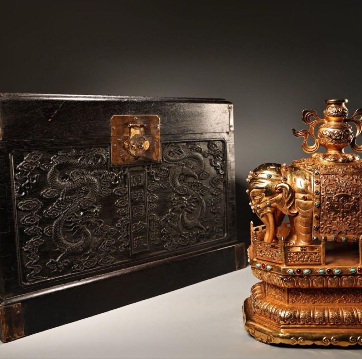 中国古美術品 清代宮廷蔵品 純銅製極細工彫刻・浮彫 金吉祥太平象 風水運勢UP拍卖