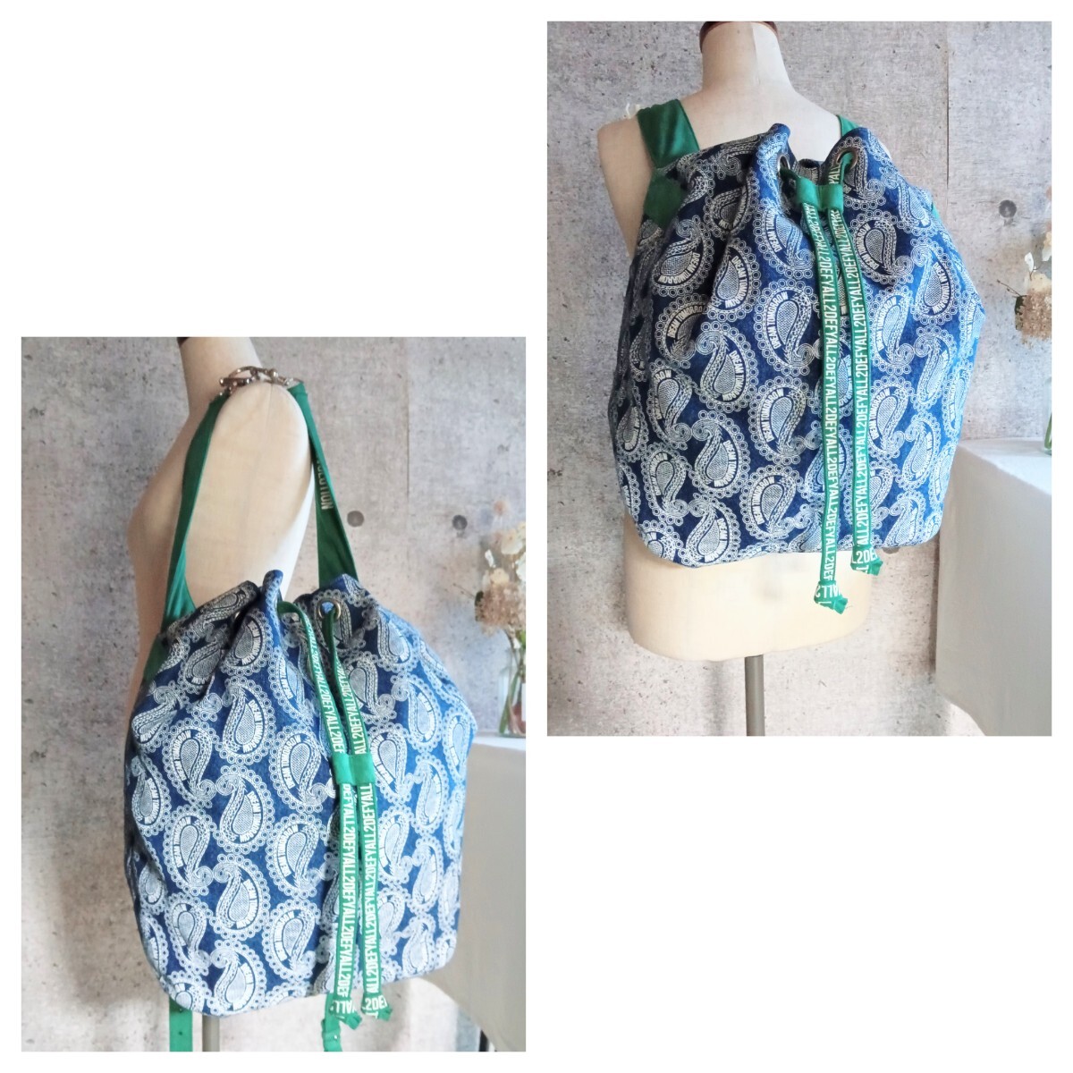 美品 ALL2DEFY 2way ショルダーバッグ リュック 巾着 バックパック キャンバス 大容量 バッグ 鞄 ペイズリー 総柄 青 レディース メンズ拍卖