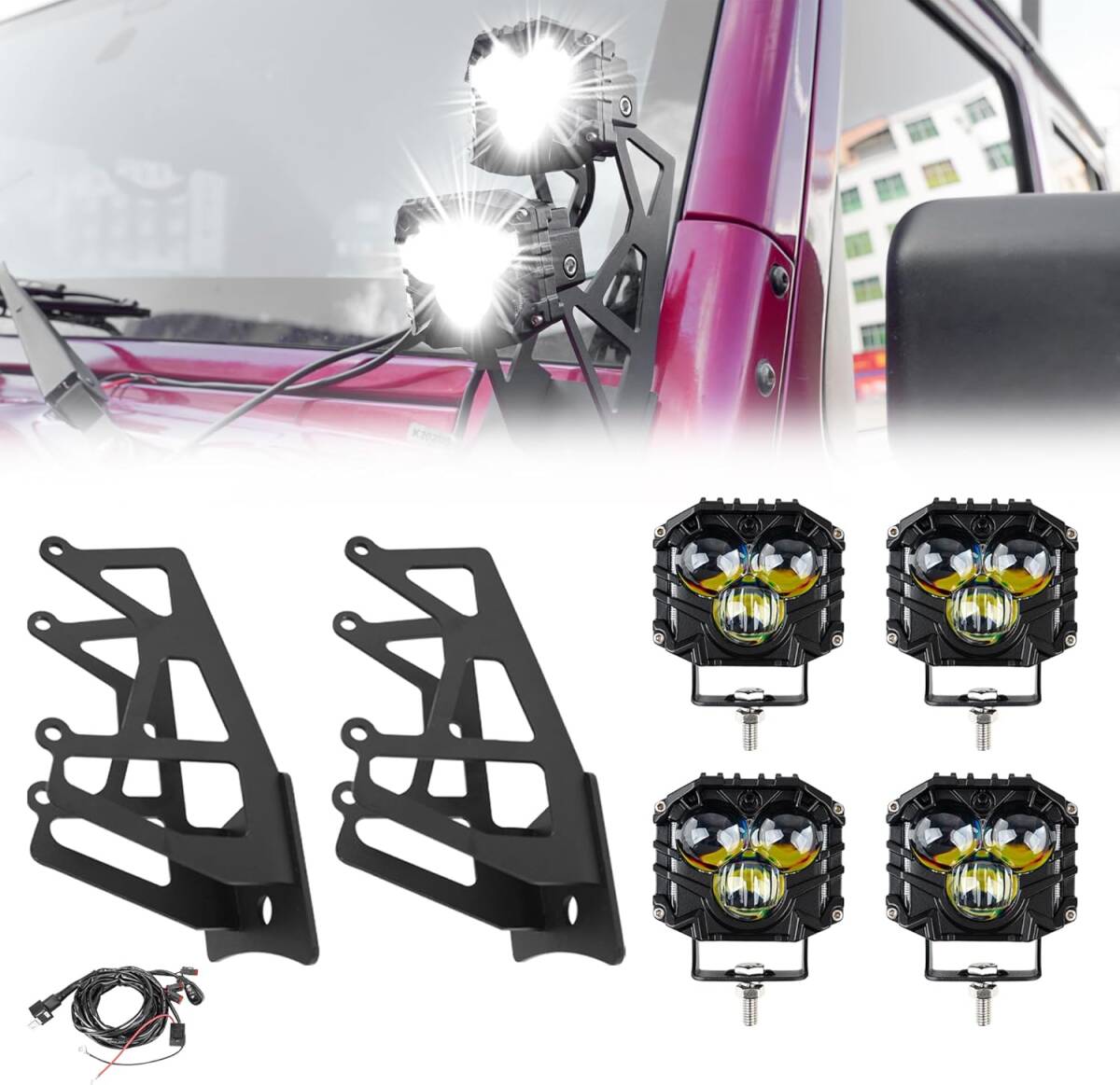 【セール】Vancroser 作業灯 ライト ジープ ラングラーjk固定ブラケットスーツ ワイヤーハーネス付き 12v 24v 3面発光 4個拍卖