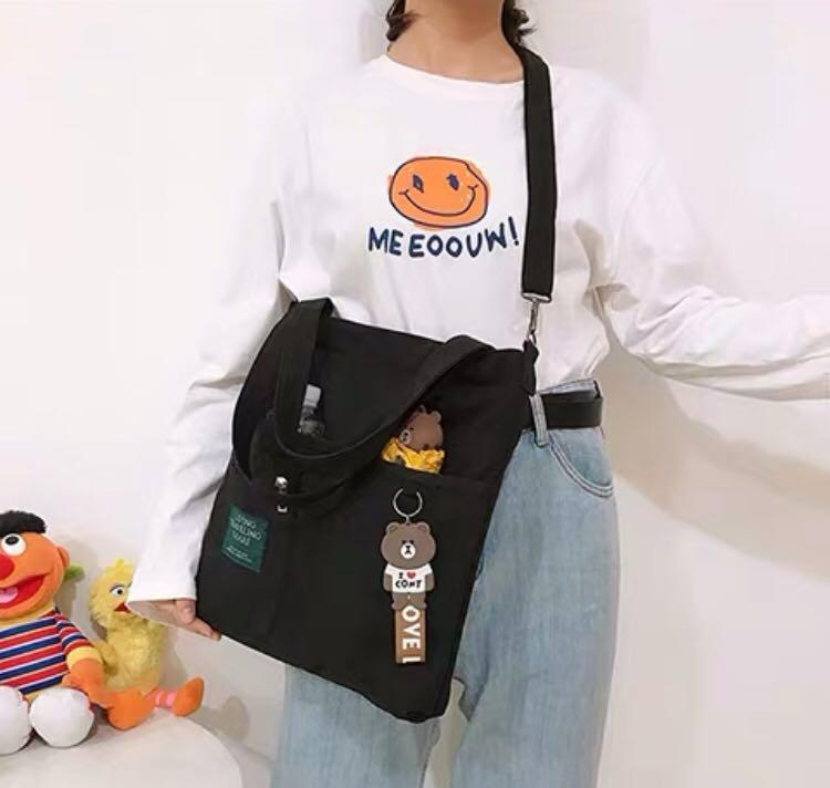 キャンバス トートバッグ 2way レディースショルダーバッグシンプル 通勤通学 ブラック拍卖