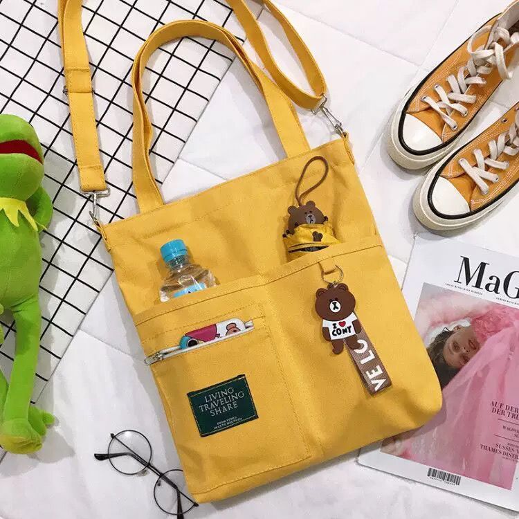 キャンバス トートバッグ 2way レディースショルダーバッグシンプル 通勤通学 イェロー拍卖