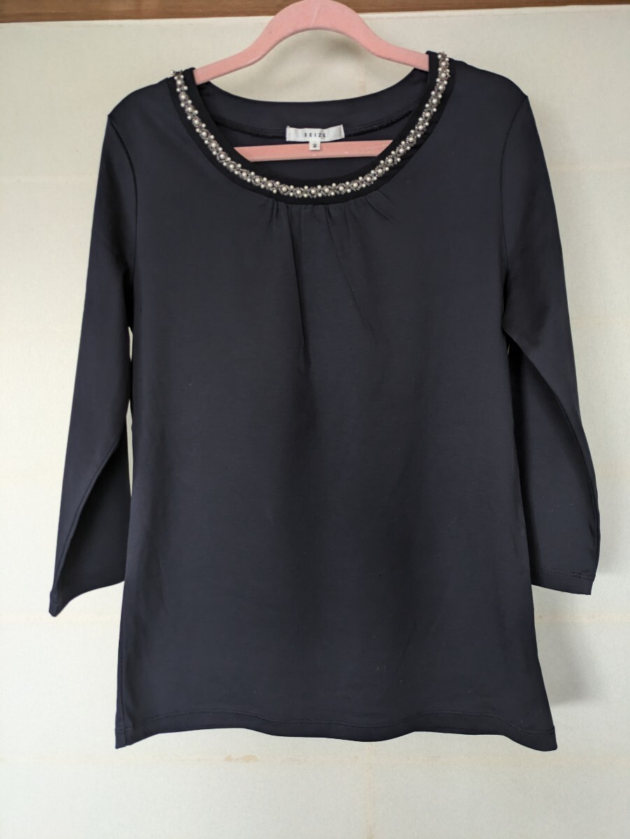 未着用 ★セーズ SEIZE ★ ビジュー付き七分袖カットソー ネイビー サイズ2(Mサイズ) レディース拍卖