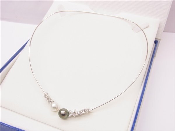 ◎ K18WG/K14WG ◎ チョーカー 2粒パール ダイヤ0.76ct/0.50ct 真珠10mm/9.5mm 総重量15.2gネックレス ペンダント ◎美品拍卖