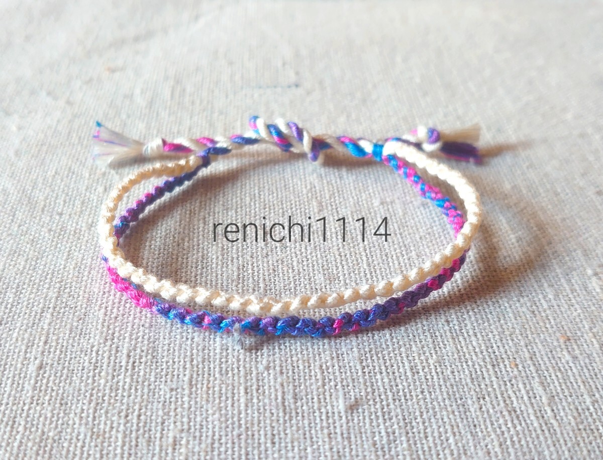 ミサンガ☆2連 青系ミックス&クリーム色 ☆アンクレット拍卖